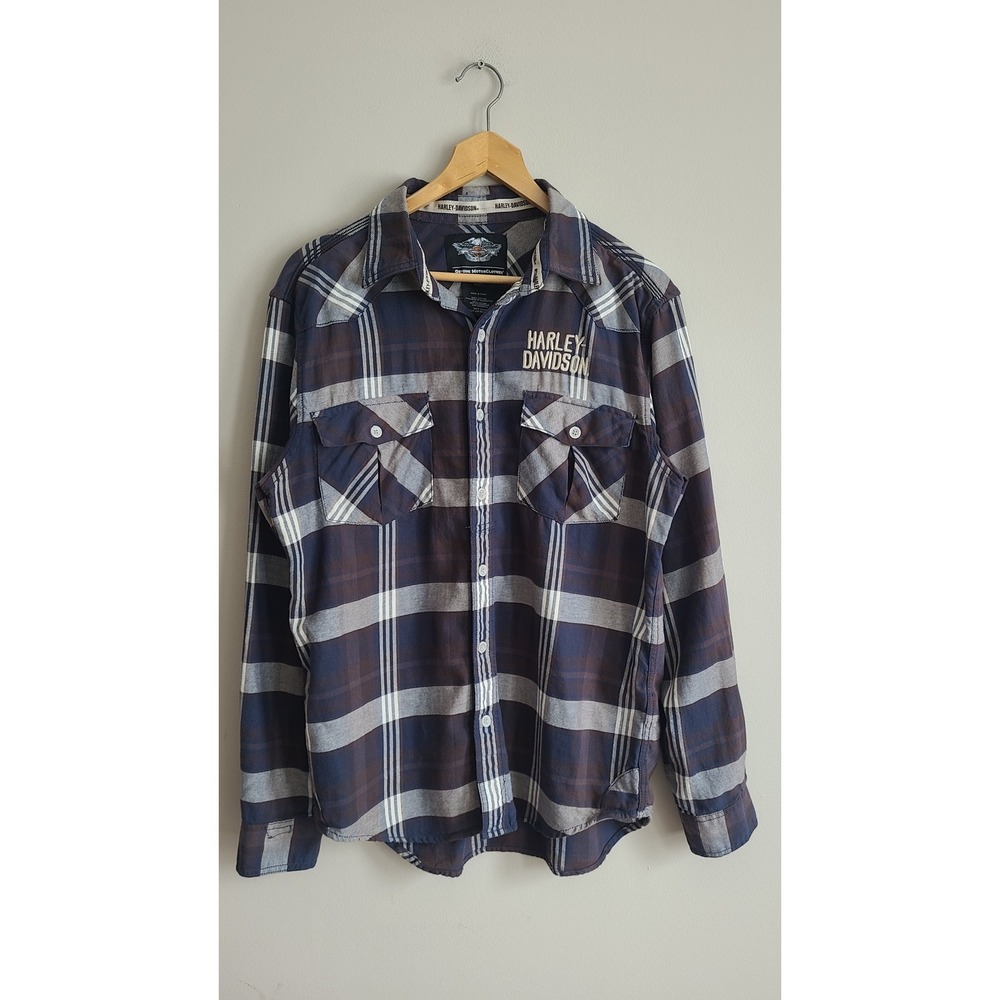 Harley-Davidson Mens Plaid Western Button Down Shirt Navy Blue Brown Size M